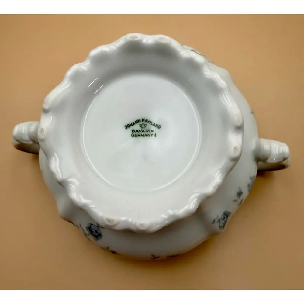 Johann Haviland Bavaria Blue Garland Covered Sugar Bowl Platinum Trim Germany